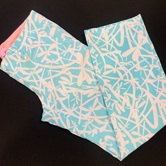 ~ Lilly Pulitzer Sz 4 Dragonfly Pants Aqua Blue Golf Summer Chinos Beachy Preppy - Picture 2 of 16